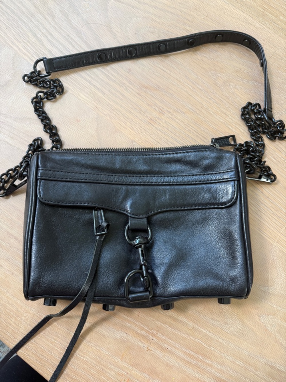 Rebecca Minkoff Black Leather Crossbody Bag with Gunmetal Chain Strap